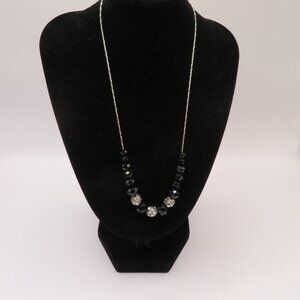 Silver Tone Necklace with Black and Crystal Beads